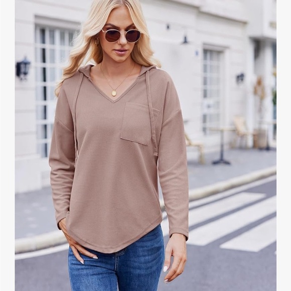 Womens Hoodies Long Sleeve Pullover Top V Neck Drawstring With Pocket (072) - Picture 3 of 5